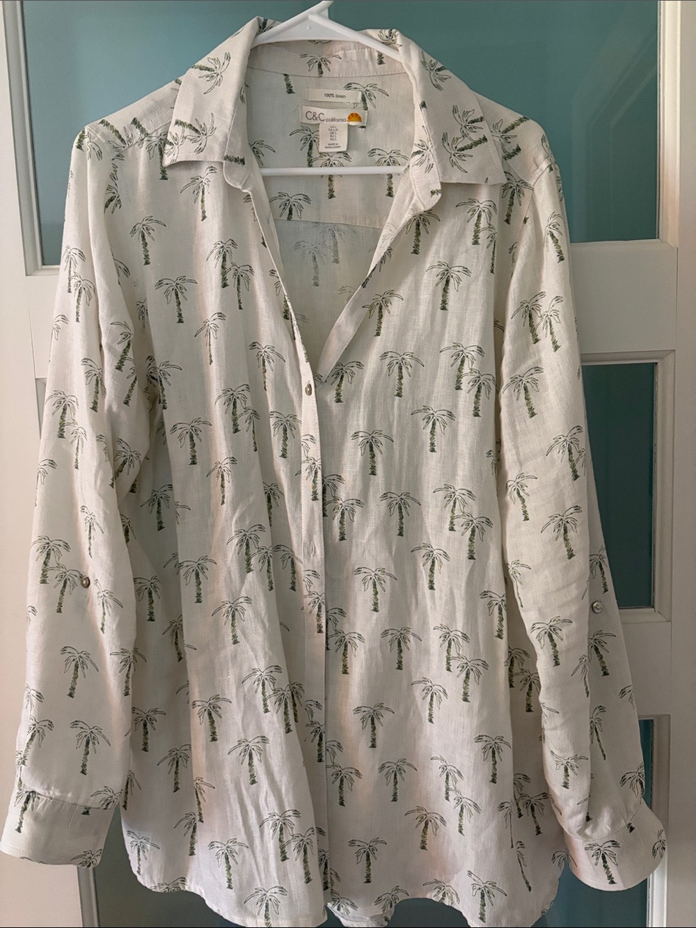 C&C California Long Sleeve Linen Shirt with Palm Tree Motif (L)
